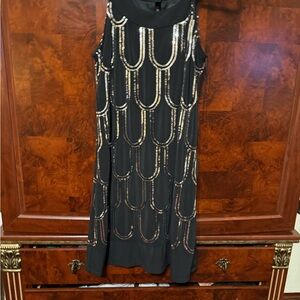 Scarlett Elegant Black Midi Dress with Gold Embellishments